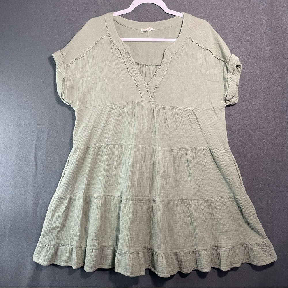 Entro Sage Green Cotton Gauze Babydoll Dress Large Boho Tiered Pockets